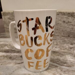Starbucks Coffee 2015 White Gold Graffiti Lettering Latte Tall Mug 16 Oz.